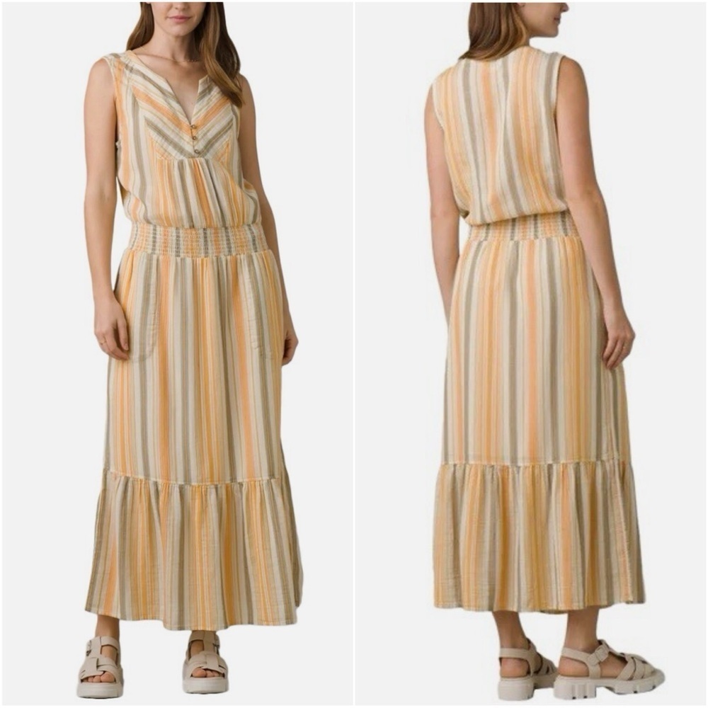 Prana California Dreaming Dress Maxi Cotton Golden Stripe Hour Sz M NWT New